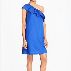 J Crew Size Large One Shoulder Dress One Shoulder Linen Blend Mini Ruffle